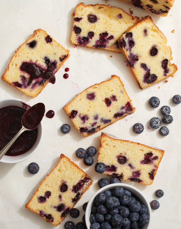 Lemon & Blueberry Buttermilk Loaf Cake with blueberry coulis