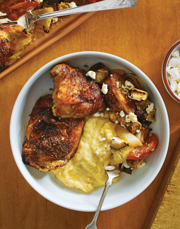 Sheet Pan Roasted Chicken Thighs & Ratatouille Veggies with goat cheese