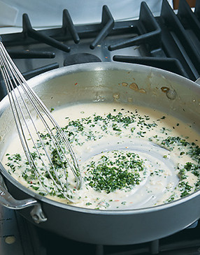 So it doesn't curdle, add the heavy cream off heat along with the herbs, then season the sauce to taste.