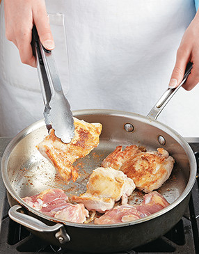 Searing adds flavor to the chicken and leaves bits in the pan that contribute even more flavor.