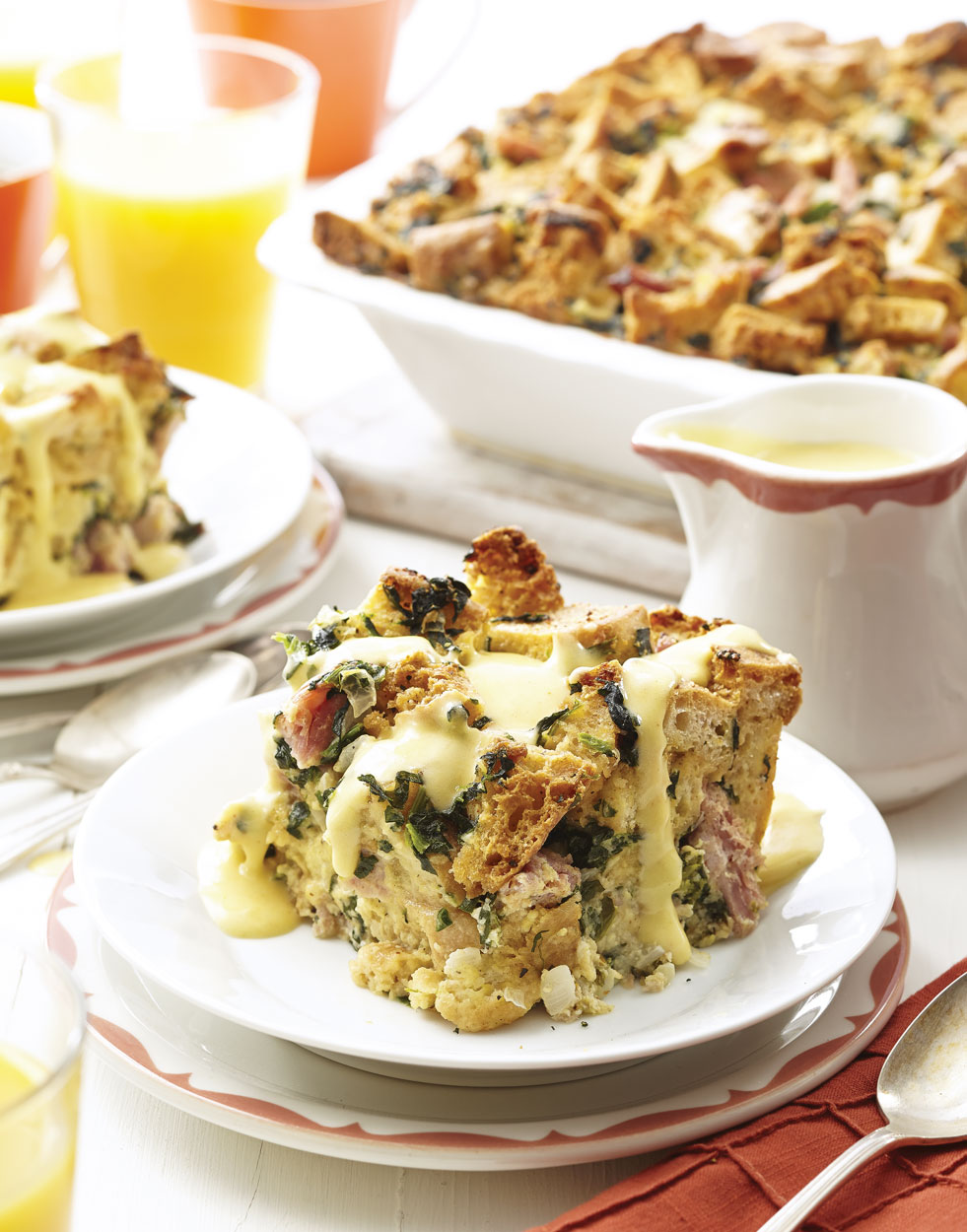 Eggs Benedict Breakfast Bread Pudding with Spinach & Parmesan and Hollandaise Sauce