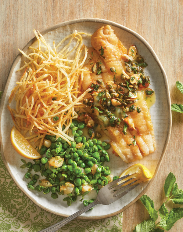 Sole Meunière with almonds, minted mashed peas and shoestring fries