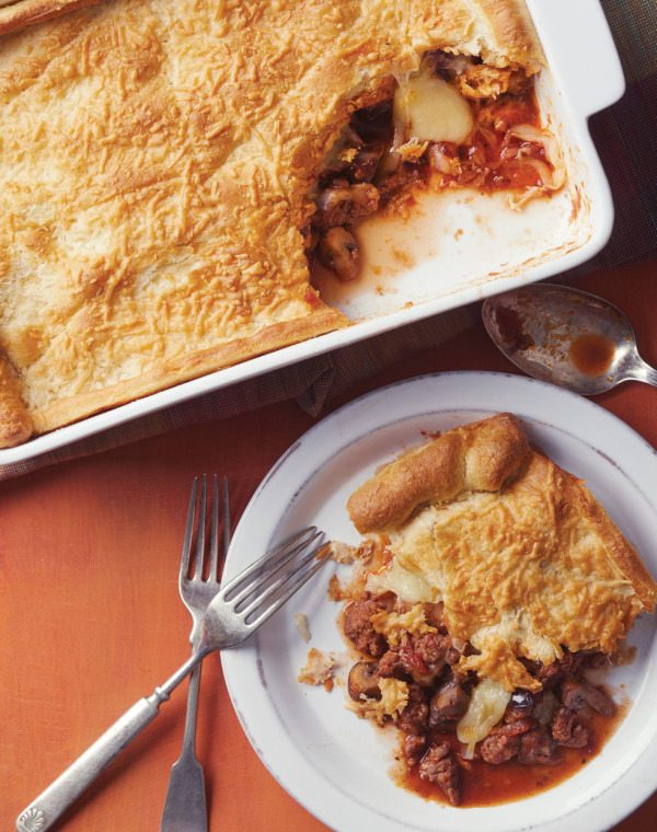 Upside-Down Pizza with Italian sausage & mushrooms