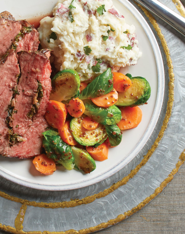 Glazed Carrots and Brussels Sprouts with mustard & brown sugar