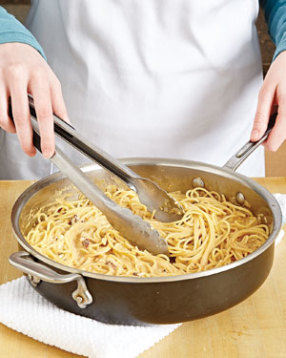 To prevent the eggs from curdling, add the egg mixture to the hot spaghetti off heat, stirring often.