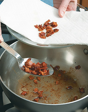 Use a slotted spoon to transfer the bacon to a plate, leaving the drippings in the pan for added flavor.