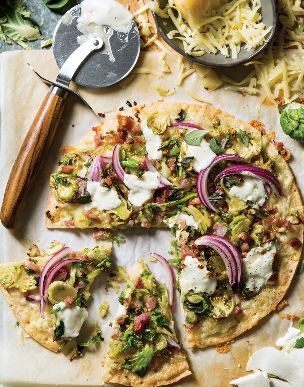 Brussels Sprouts and Pancetta Pizza on Cauliflower Crust