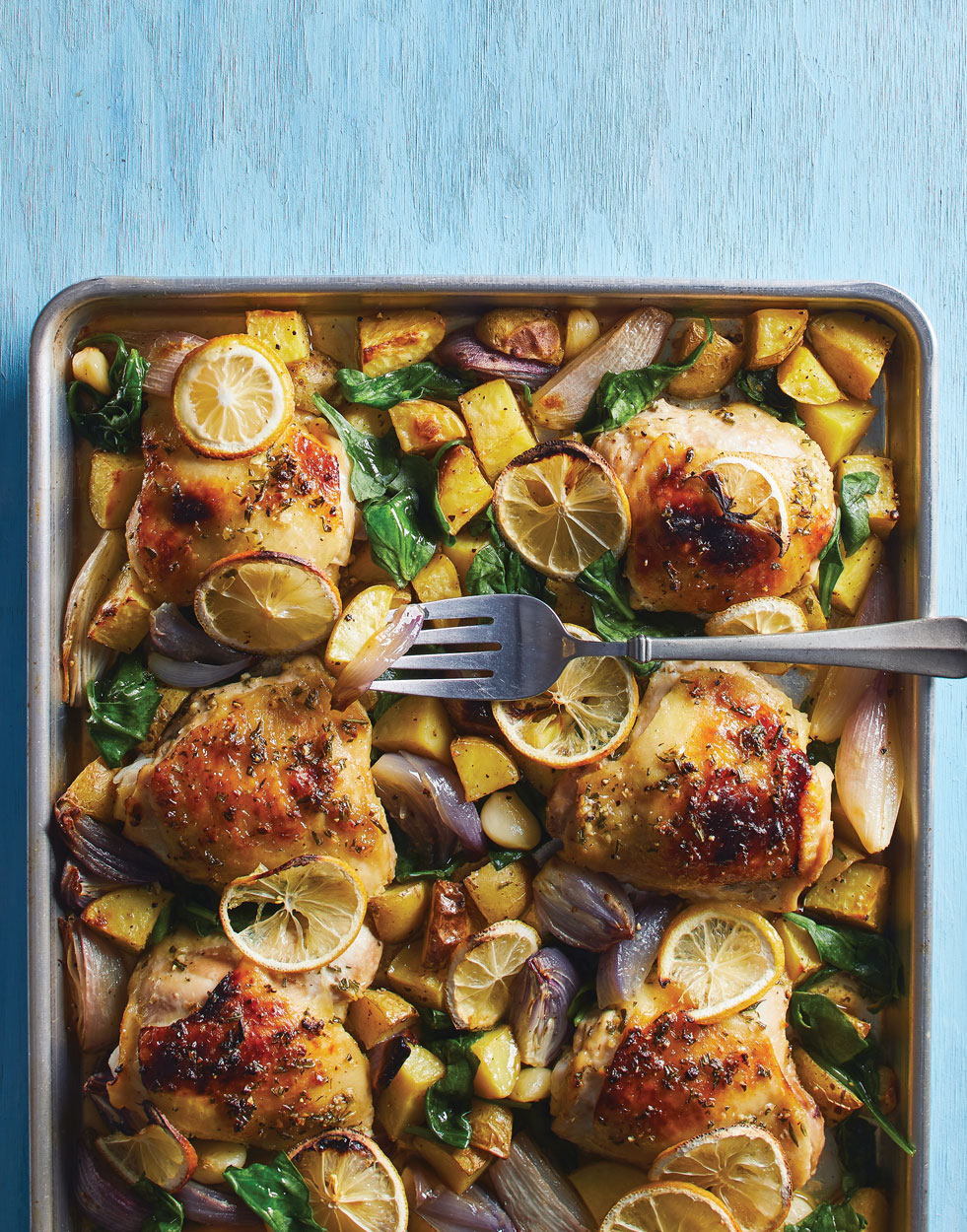Rosemary-Lemon Sheet Pan Chicken with Potatoes & Spinach 