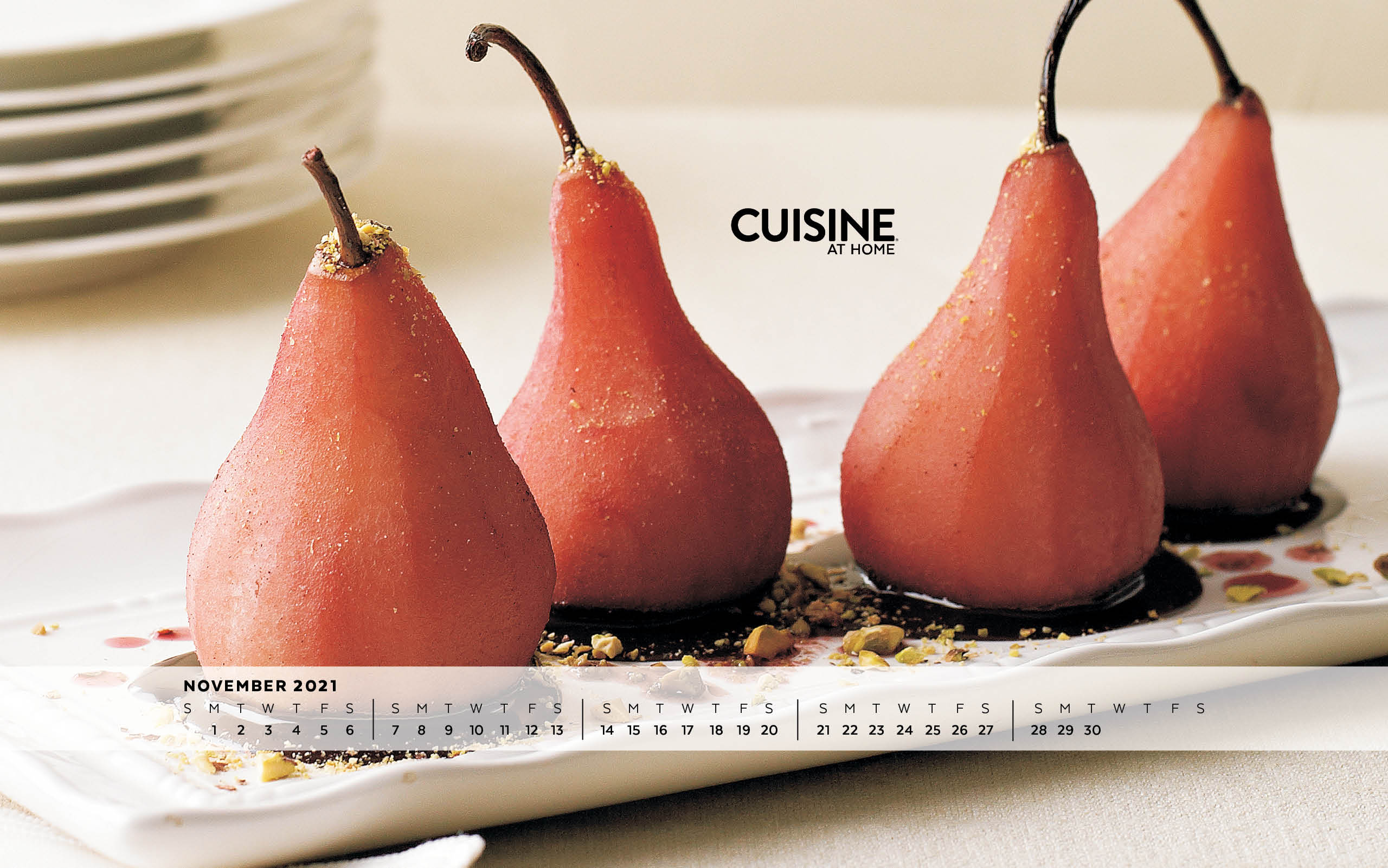 Free Desktop Wallpaper with calendar - November 2021 - Cuisine at Home - Autumn fall holiday Thanksgiving aesthetic food cooking treats dessert homemade poached pears - Windows Apple
