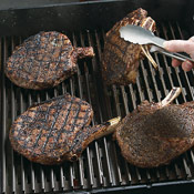 For attractive crosshatch marks, rotate the steaks 90 degrees halfway through cooking on one side. 