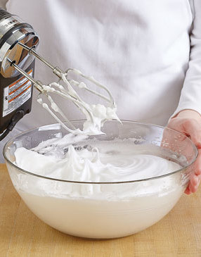 For the lightest texture in the cake, beat the egg whites until they’re stiff and glossy.