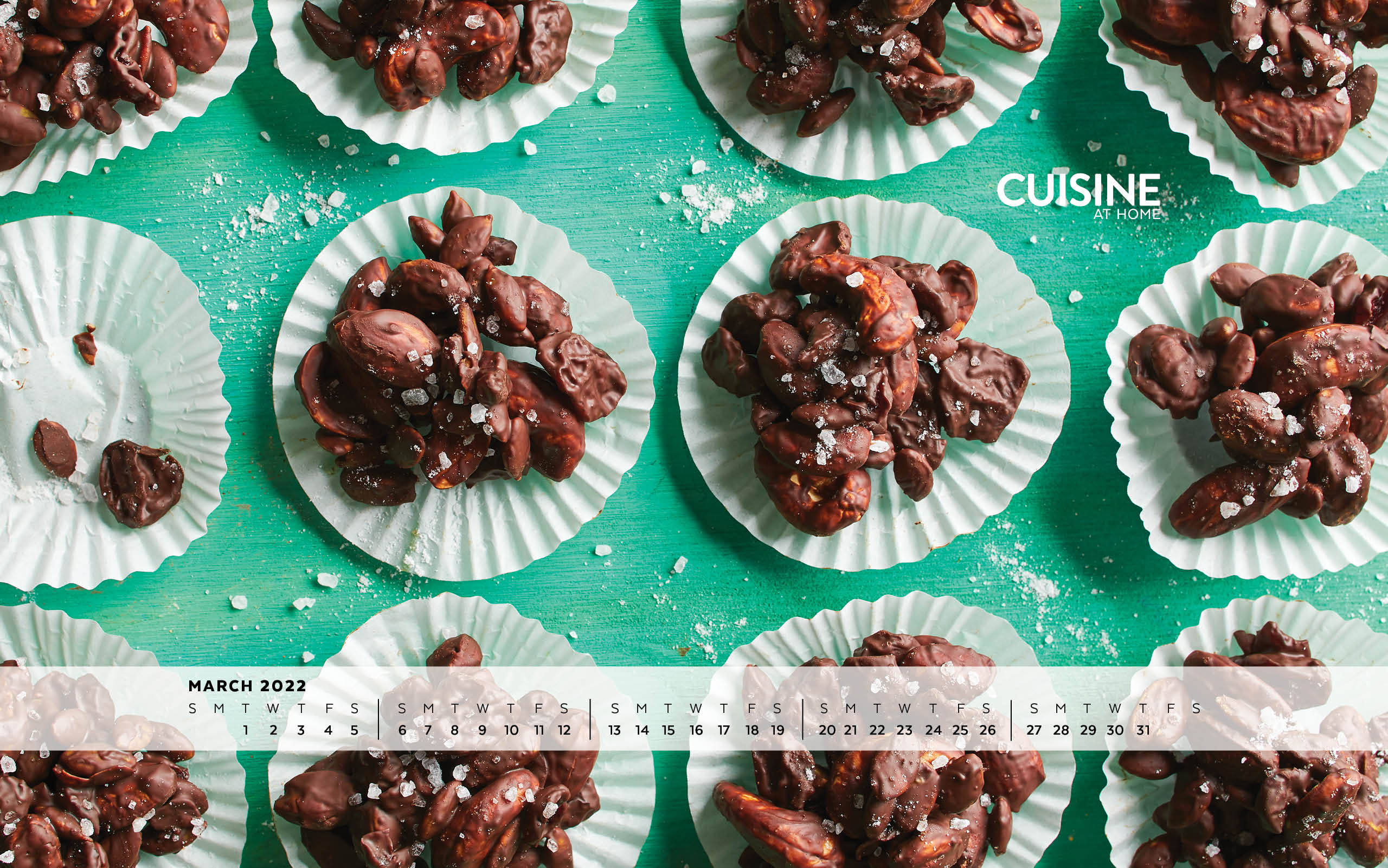 Free Desktop Wallpaper with calendar Windows Mac - March 2022 - Cuisine at Home - Spring aesthetic food cooking baking chocolate healthy snack green mint turquoise aqua