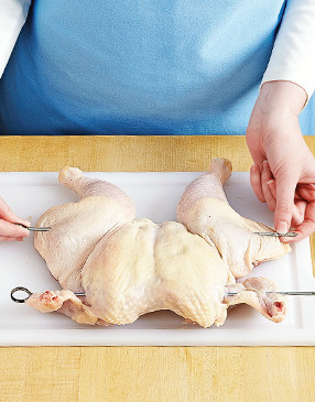 Insert a skewer through wings and upper breasts and another through thighs and lower breasts.