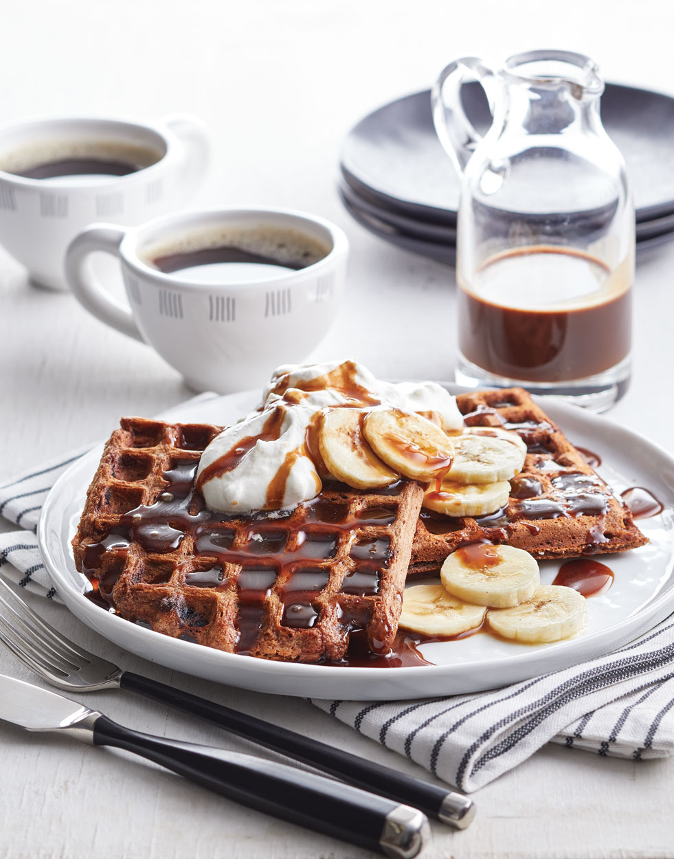 Double Chocolate Waffles with Mocha Maple Syrup 