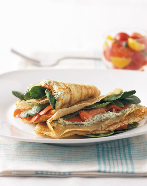 Smoked Salmon Crêpes with herbed cheese & fresh spinach