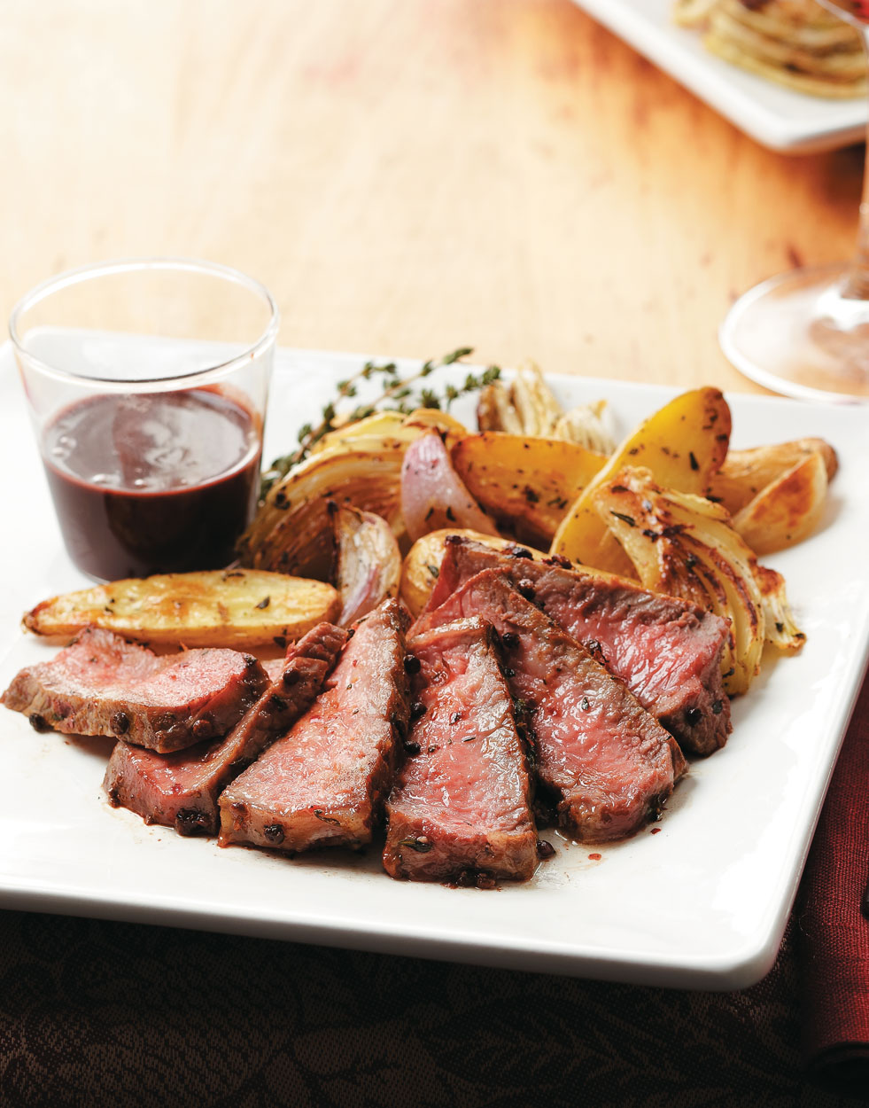 Strip Steak with Pink Peppercorns & Thyme with Red Wine Sauce