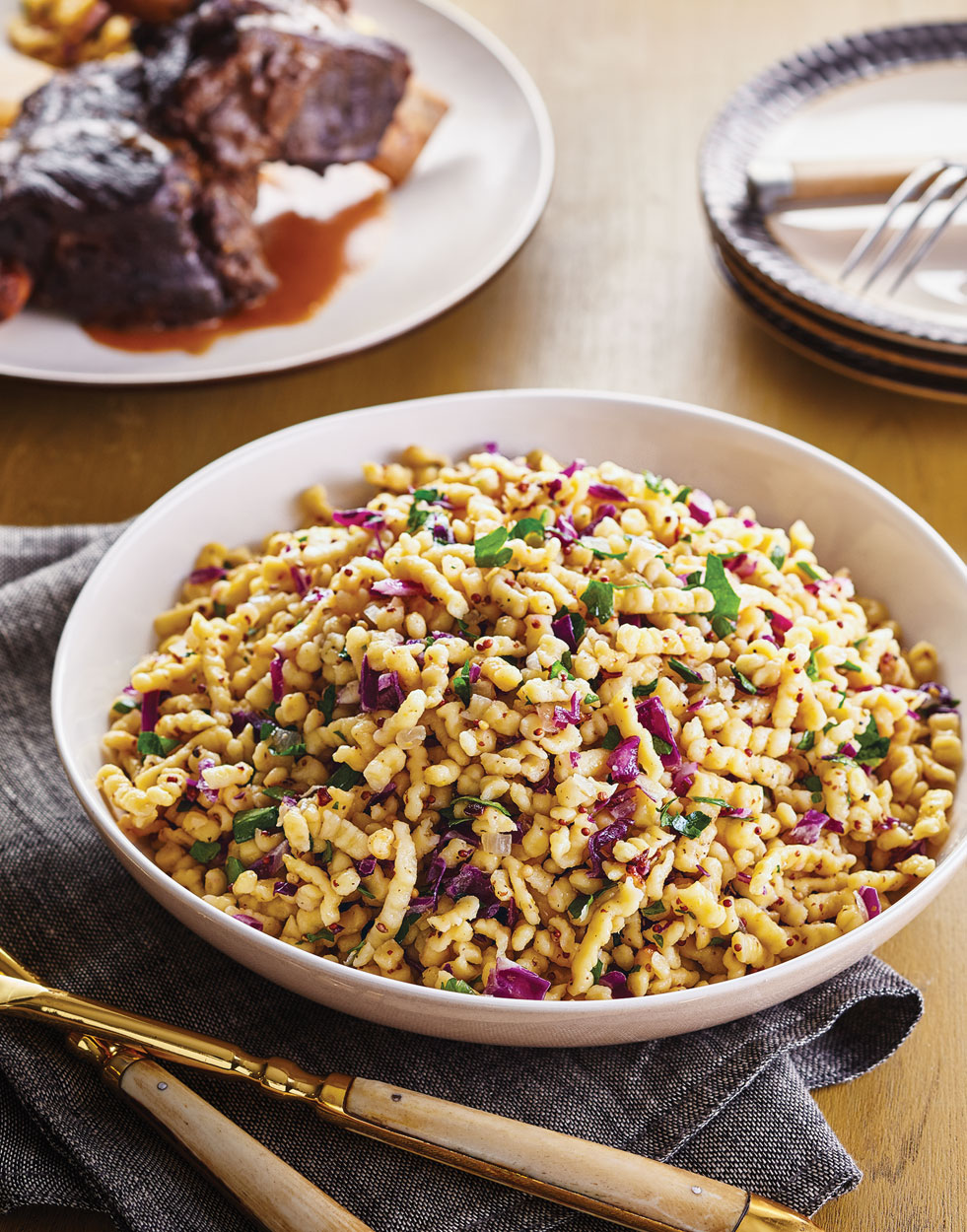 Apple Spaetzle with Mustard & Red Cabbage