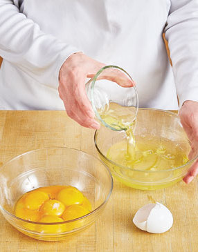 So no yolks get into the whites, separate the eggs over an empty bowl; transfer both to other bowls.