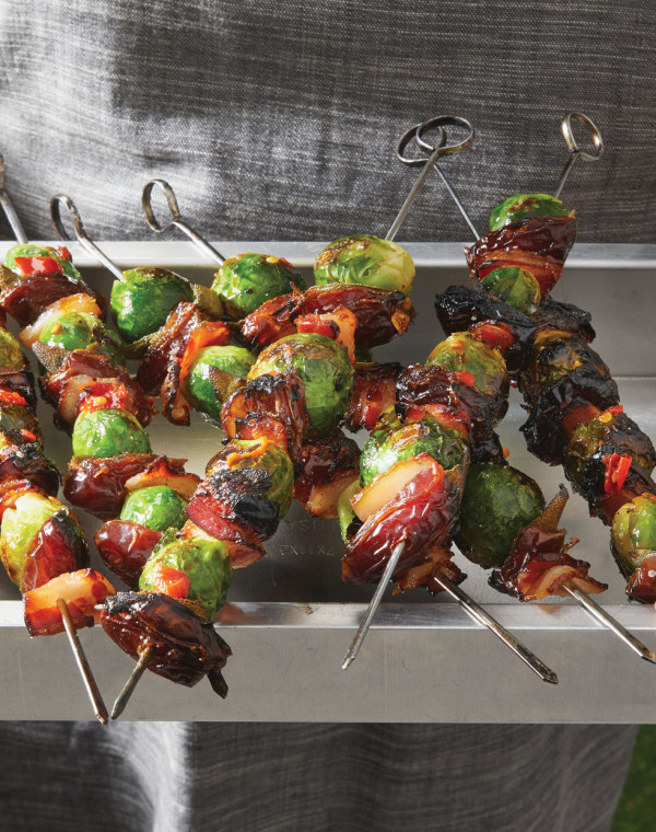 Brussels Sprout, Bacon, and Date Kebabs with honey-sage butter