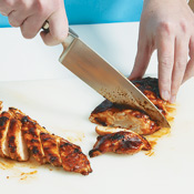 If desired, brush chicken with additional barbecue sauce during grilling. Let chicken rest, then slice into thin strips. 