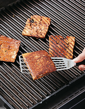 Grill tofu just to crisp and dry. The steaks will have a brown color from the marinade. 