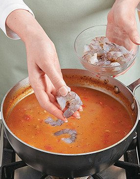 Shrimp get rubbery if overcooked, so wait to add them until the soup is nearly finished cooking.