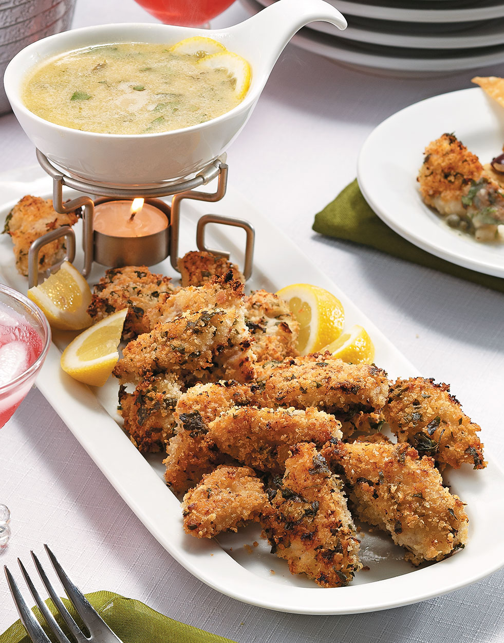 Piccata Fondue with panko-crusted chicken dippers