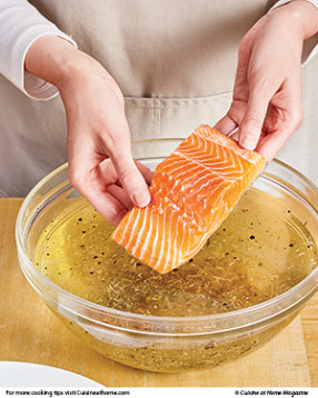 Brine salmon fillets briefly to impart flavor and keep the fish juicy without causing it to get mushy.