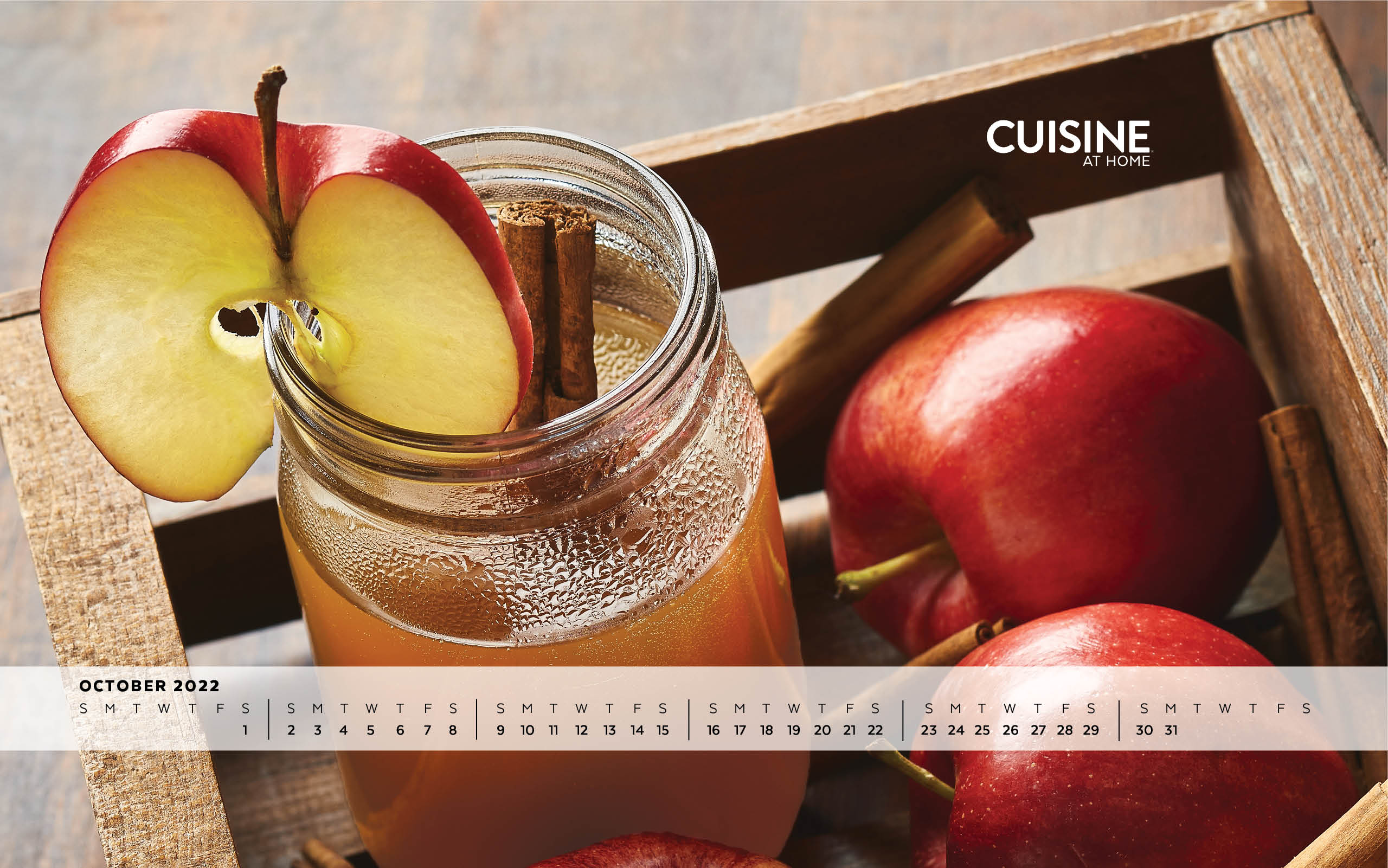 Free Desktop Wallpaper with calendar Windows Mac - October 2022 - Cuisine at Home - Autumn fall aesthetic cozy comfort food homemade warm drink hot cider caramel apple cottagecore