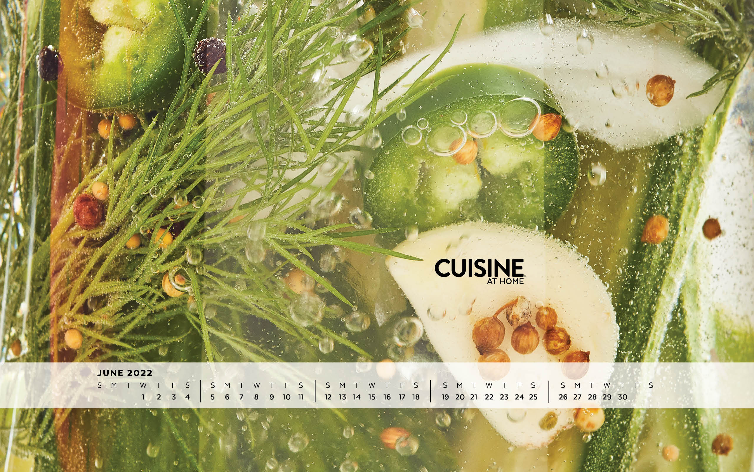 Free Desktop Wallpaper with calendar Windows Mac - June 2022 - Cuisine at Home - Spring summer aesthetic food cooking green pickles dill jalapeno spicy mustard cucumber fresh