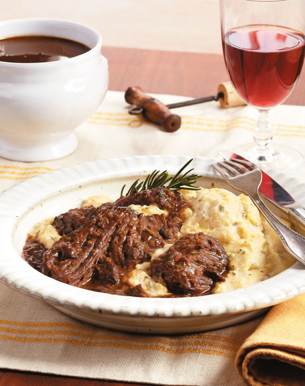 Slow Cooker Beef in Italian Red Wine with cheesy polenta