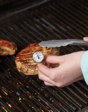 To get an accurate reading, be sure to temp the chops in the thickest part, without touching the bone.