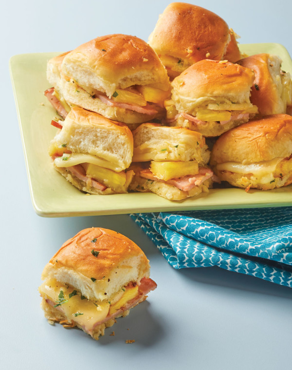 Grilled Ham, Swiss, & Pineapple Sliders with garlic butter