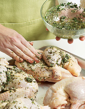 Coat chicken thoroughly with the oil mixture. Refrigerate chicken while it marinates.