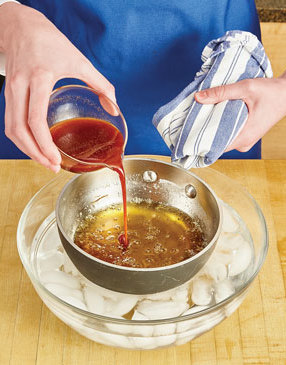 Place the pan of caramel in a bowl of ice water, so it stops cooking, before adding the fish sauce mixture.