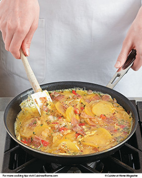 Before finishing the tortilla in the oven, stir in the eggs and cook on the stove top just until they're set.