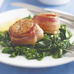 Bacon-Wrapped Turkey "Filet Mignons" with Garlic Spinach