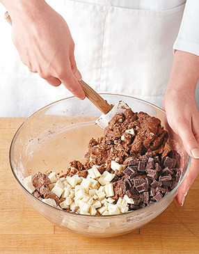 Fold the chocolate into the dough just until distributed. Overmixing can make the cookies tough.