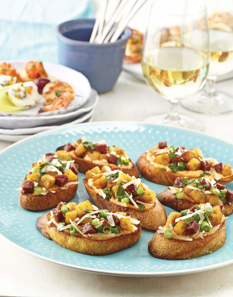 Patatas Bravas Bruschetta with Chorizo & Smoked Paprika Aioli