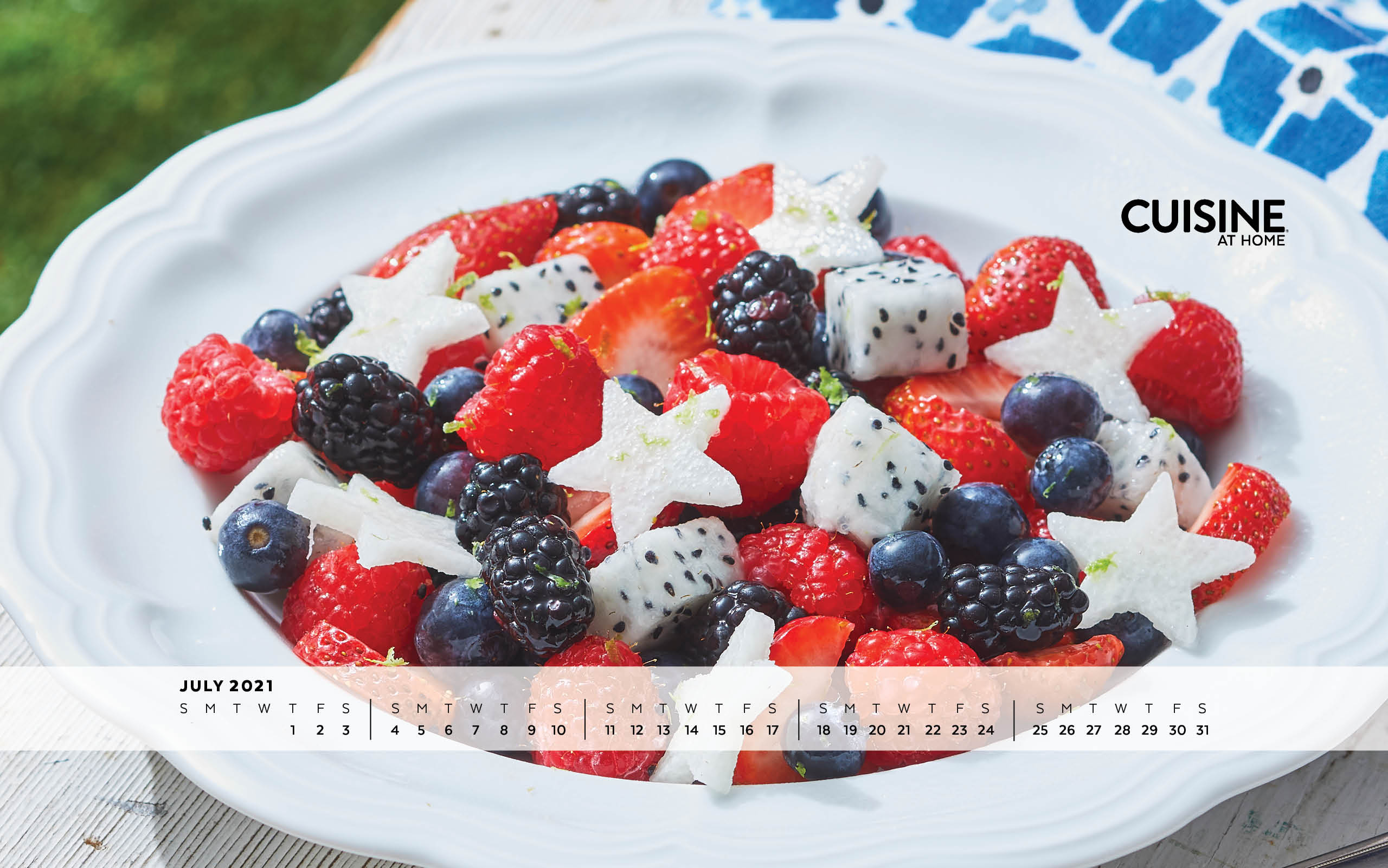 Free Desktop Wallpaper with calendar - July 2021 - Cuisine at Home - Summer aesthetic food red, white and blue fruit salad with stars and berries colorful cooking
