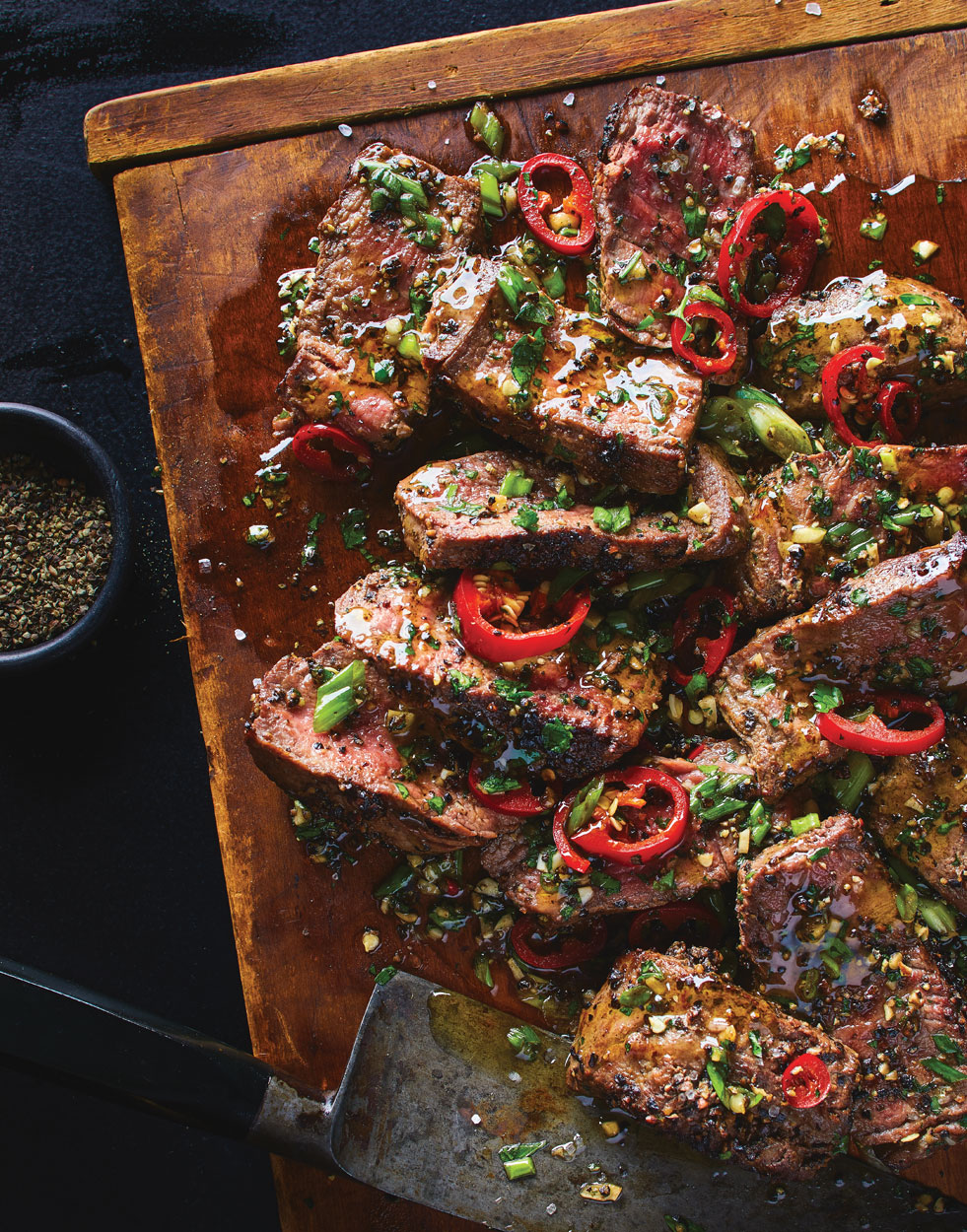 Dry-Brined Peppered Filet Mignons with Cutting Board Sauce