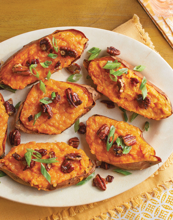 Twice-Baked Honey Sweet Potatoes with honey pecans & bacon