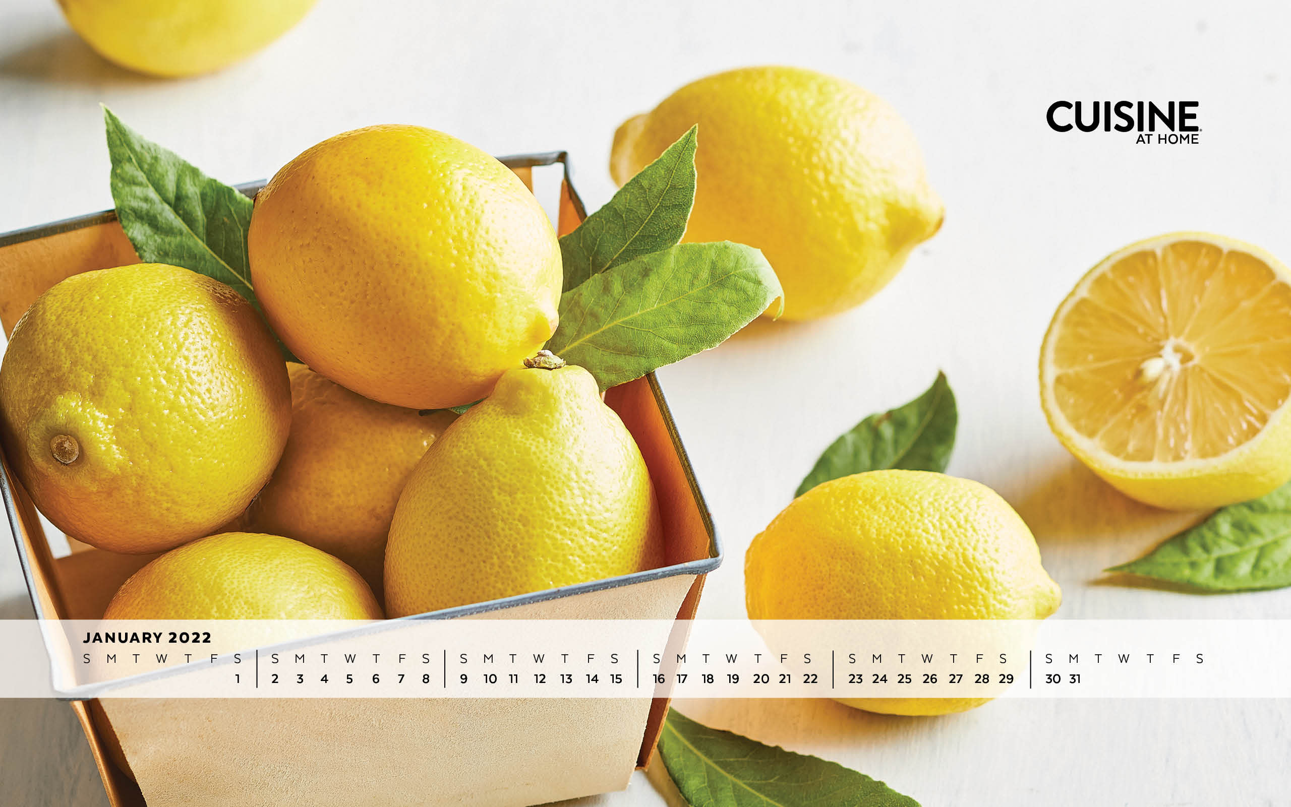 Free Desktop Wallpaper with calendar Windows Mac - January 2022 - Cuisine at Home - Winter new year aesthetic food cooking yellow lemons cheerful diet