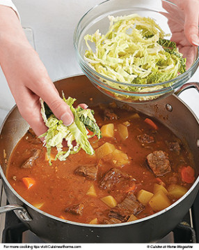 Stir in the cabbage during the last 5 minutes of cooking so it stays slightly crisp and retains some color.
