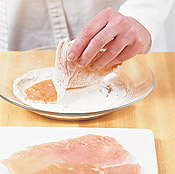 Dredging the cutlets in flour helps them to brown, and the flour also acts as a thickener for the sauce.