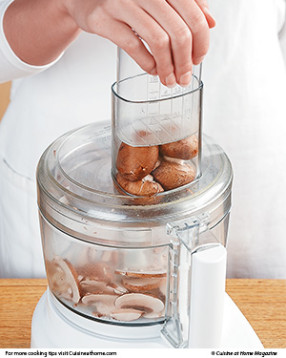Quickly slice mushrooms by running them through a food processor fitted with the thinnest slicing blade.