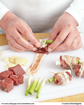 Roll each beef chunk with bacon to hold the bites together. Use thin-sliced bacon so it cooks quickly.