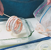 Double-dip rings in buttermilk and flour mixture — it produces a crispier crust and great flavor.