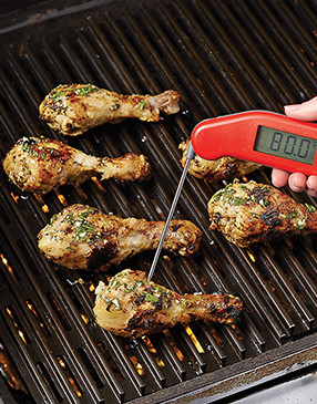 To know when the drumsticks are done cooking, insert a thermometer near but not touching the bone.