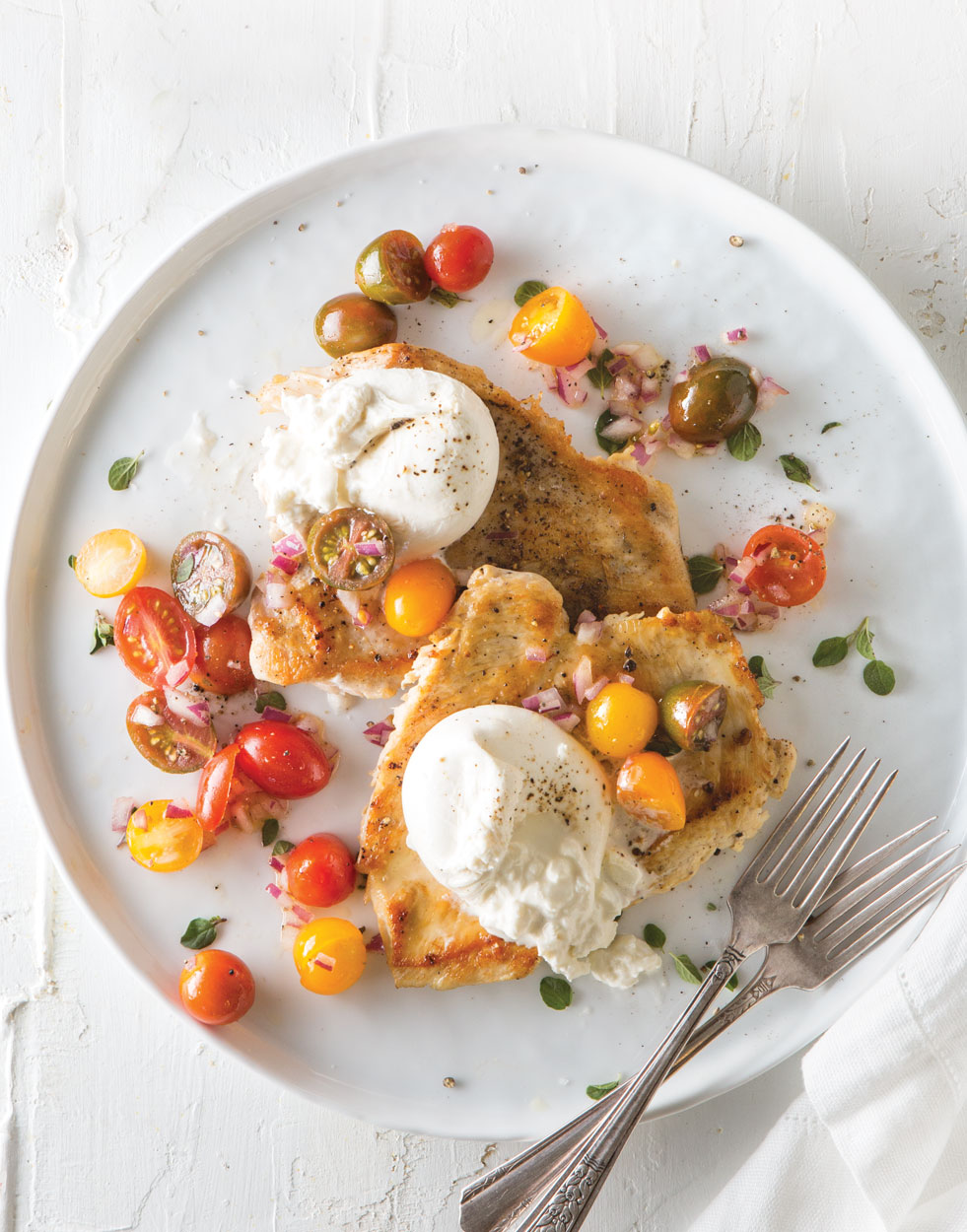 Grilled Chicken with Tomato Relish and Burrata